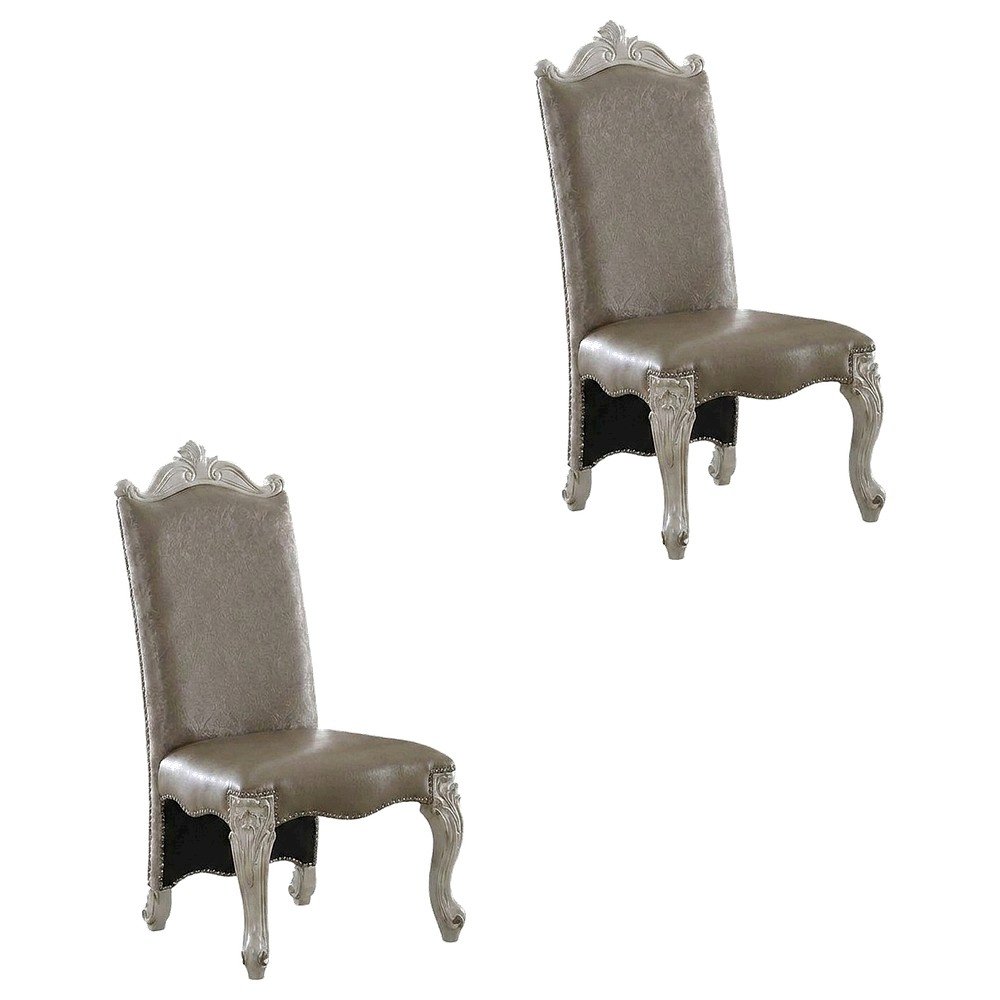 Upholstered PU Leather and Fabric Dining Chair with Wood Veneer Frames, Blue, Set of 2