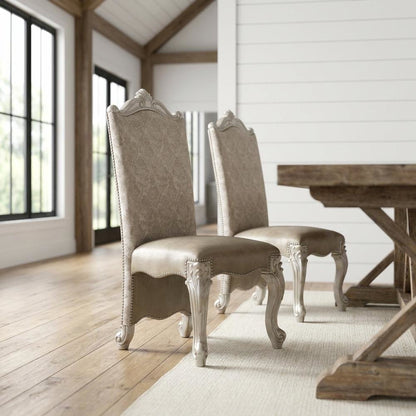 Upholstered PU Leather and Fabric Dining Chair with Wood Veneer Frames, Blue, Set of 2