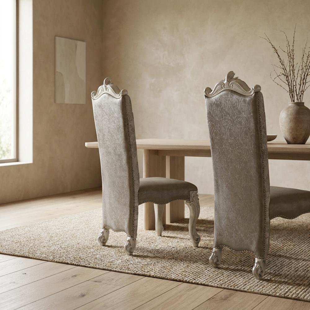 Upholstered PU Leather and Fabric Dining Chair with Wood Veneer Frames, Blue, Set of 2