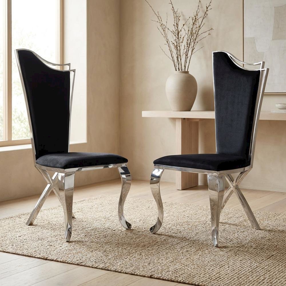Fabric Armless Glam Dining Side Chair, Fabric & Stainless Steel, Set of 2