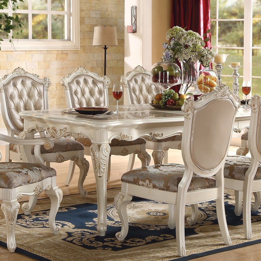 Chantelle Dining Table Natural Marble Top & Pearl White