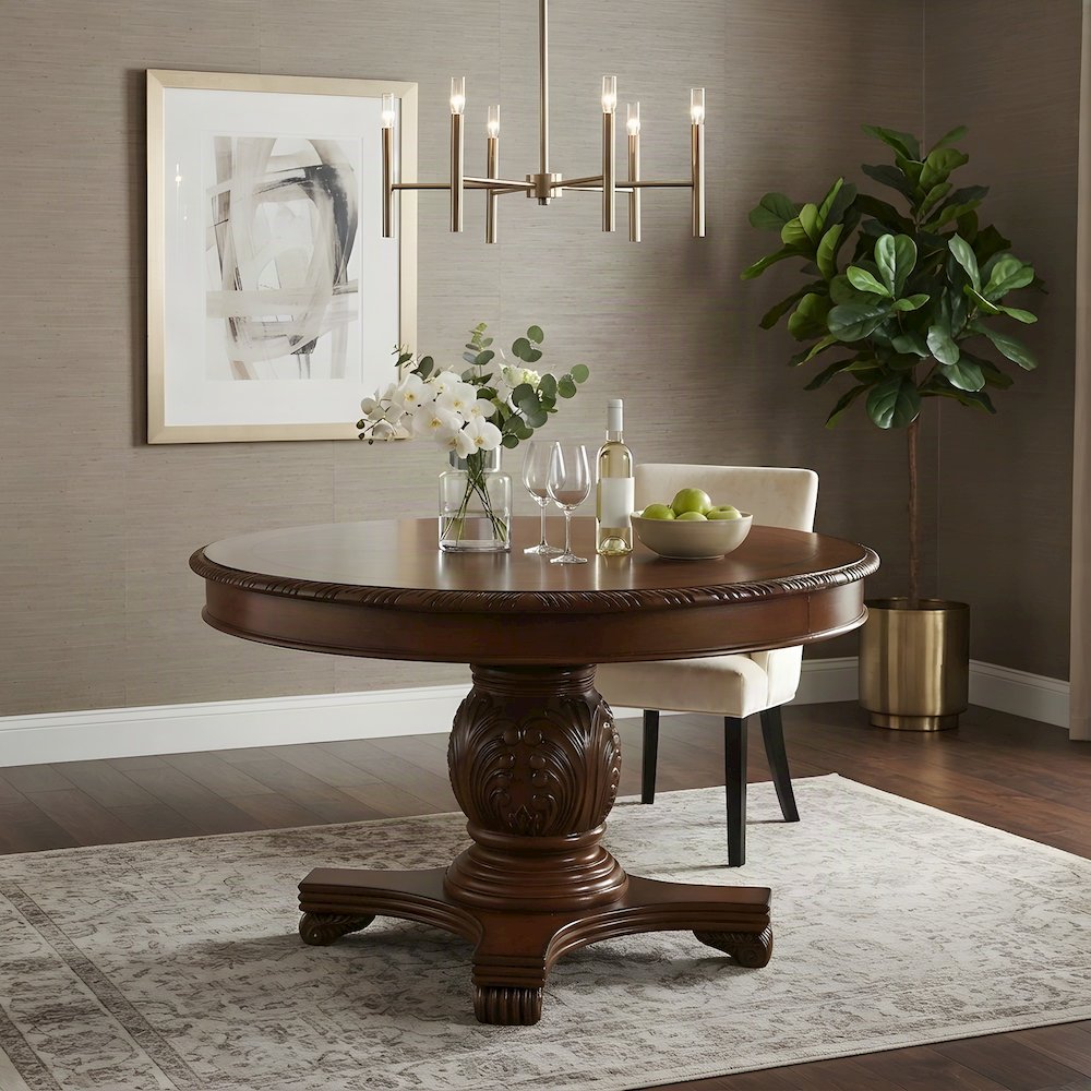 Wood Veneer Square Kitchen Table with Transitional Pedestal Base, Cherry