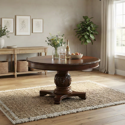Wood Veneer Square Kitchen Table with Transitional Pedestal Base, Cherry