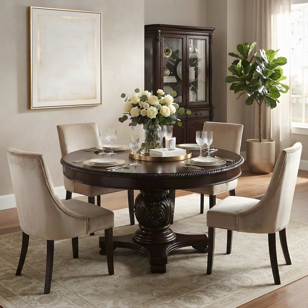 Wood Veneer Square Kitchen Table with Transitional Pedestal Base, Espresso