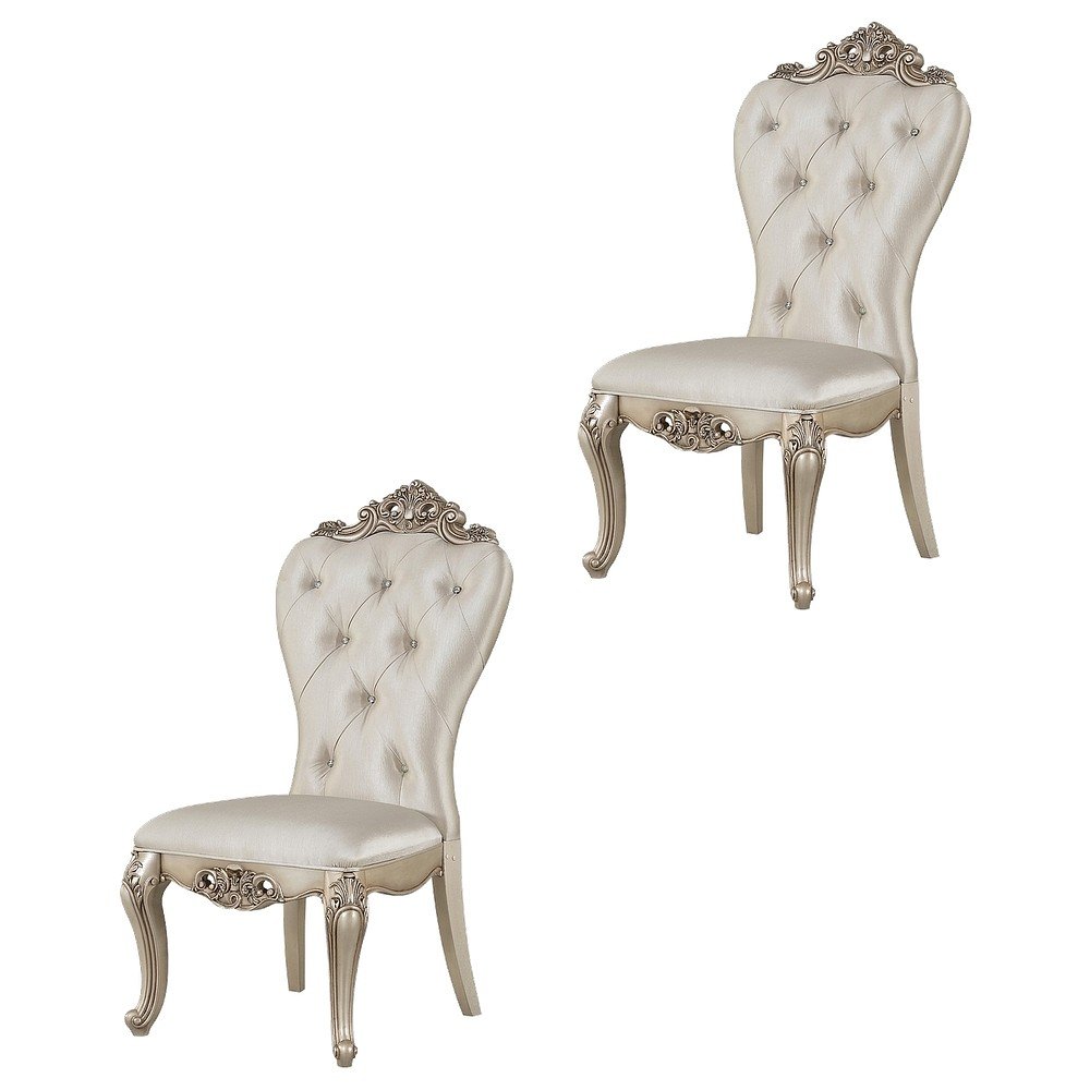 Fabric Accent Dining Chair with Wooden Legs, Cream Fabric & Golden Ivory, Set of 2