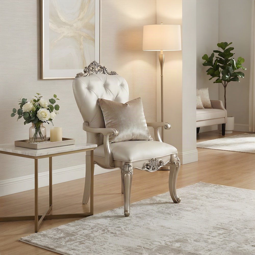 Transitional Fabric Upholstered Arm Chairs, Set of, Cream Fabric & Golden Ivory
