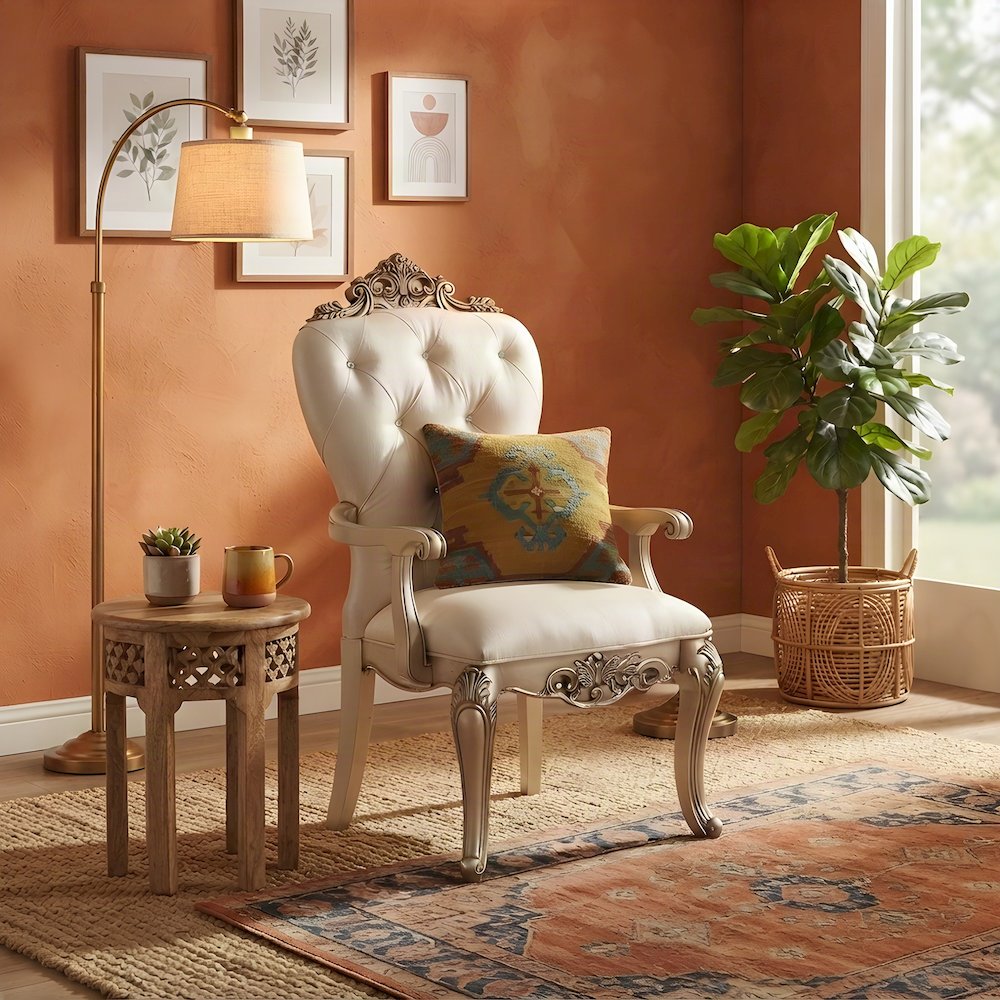 Transitional Fabric Upholstered Arm Chairs, Set of, Cream Fabric & Golden Ivory
