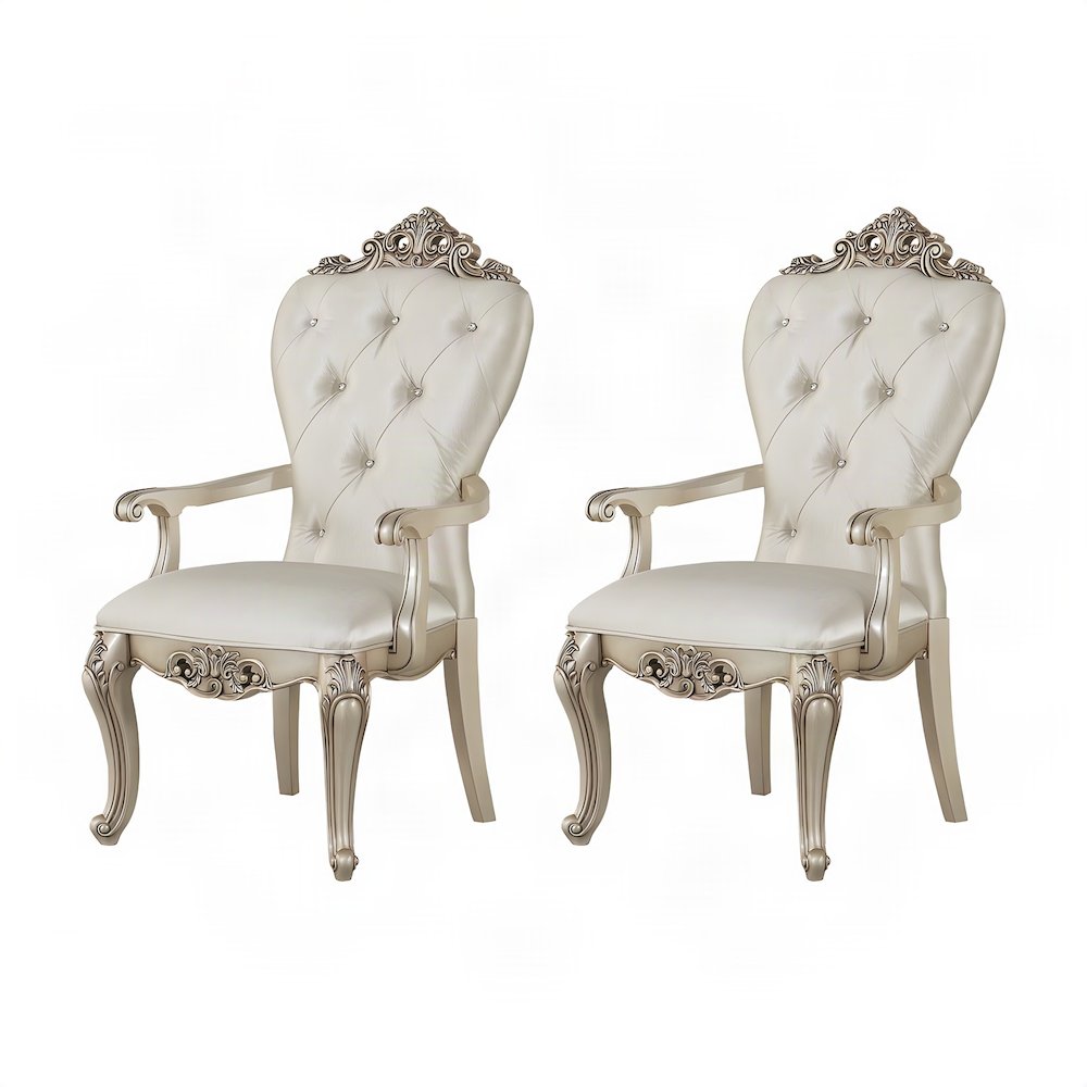 Transitional Fabric Upholstered Arm Chairs, Set of, Cream Fabric & Golden Ivory