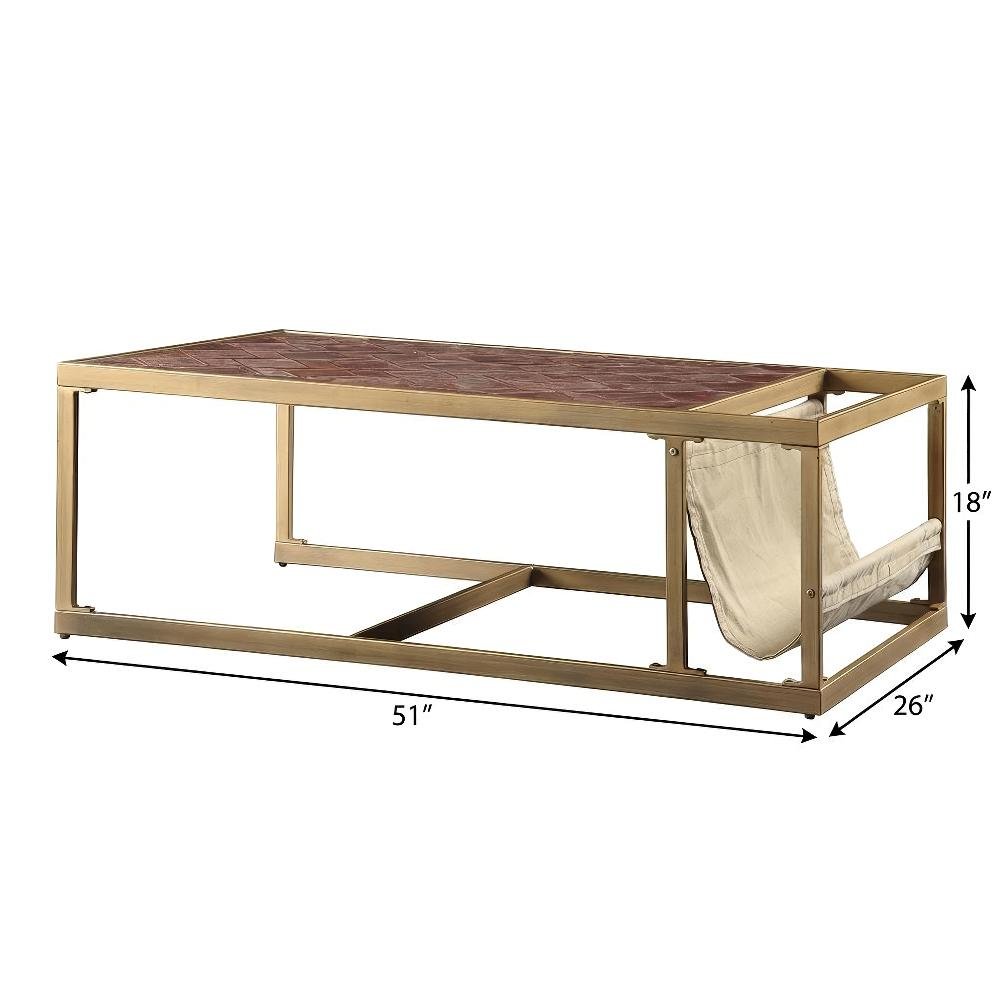 Retro Brown Top Grain Leather Coffee Table with Industrial Metal Frame