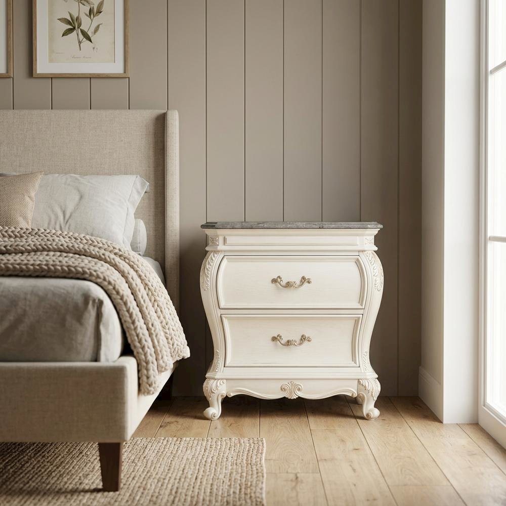 Pearl White Nightstand with Granite Top and Modern Design