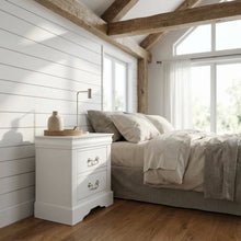 White Bedroom Nightstand with Traditional Design and Brushed Nickel Accents