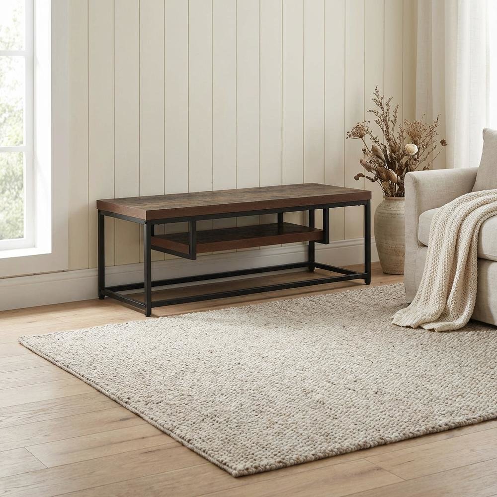 Weathered Oak & Black Metal TV Stand with Elegant Storage Design