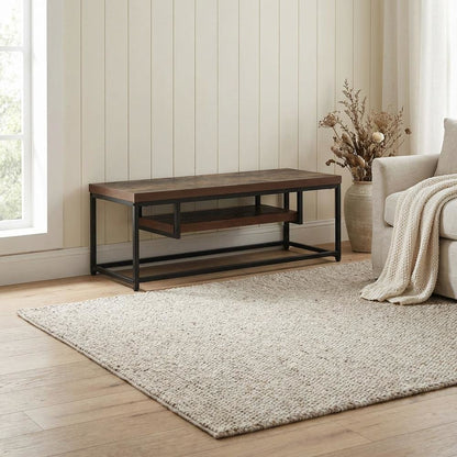Weathered Oak & Black Metal TV Stand with Elegant Storage Design