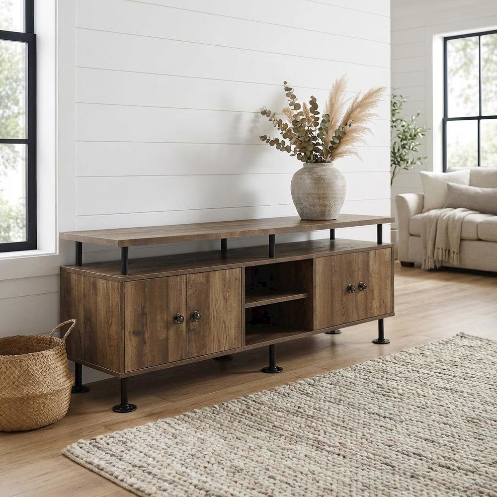 Rustic Oak, Black Finish TV Stand, Industrial Style, Multi-Color Design