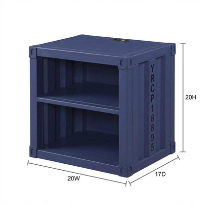 Blue metal nightstand with USB port and modern design