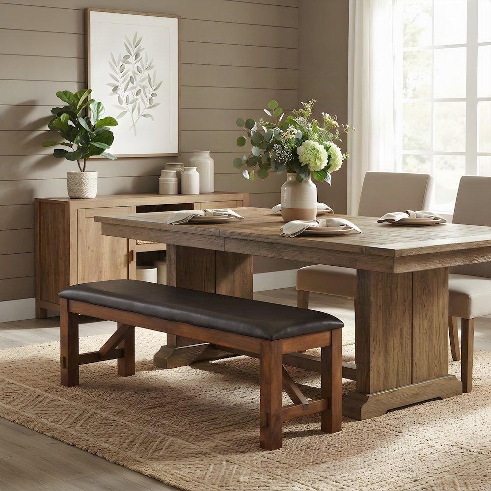 Wood and PU Leather Indoor Dining Bench, Espresso Synthetic Leather & walnut