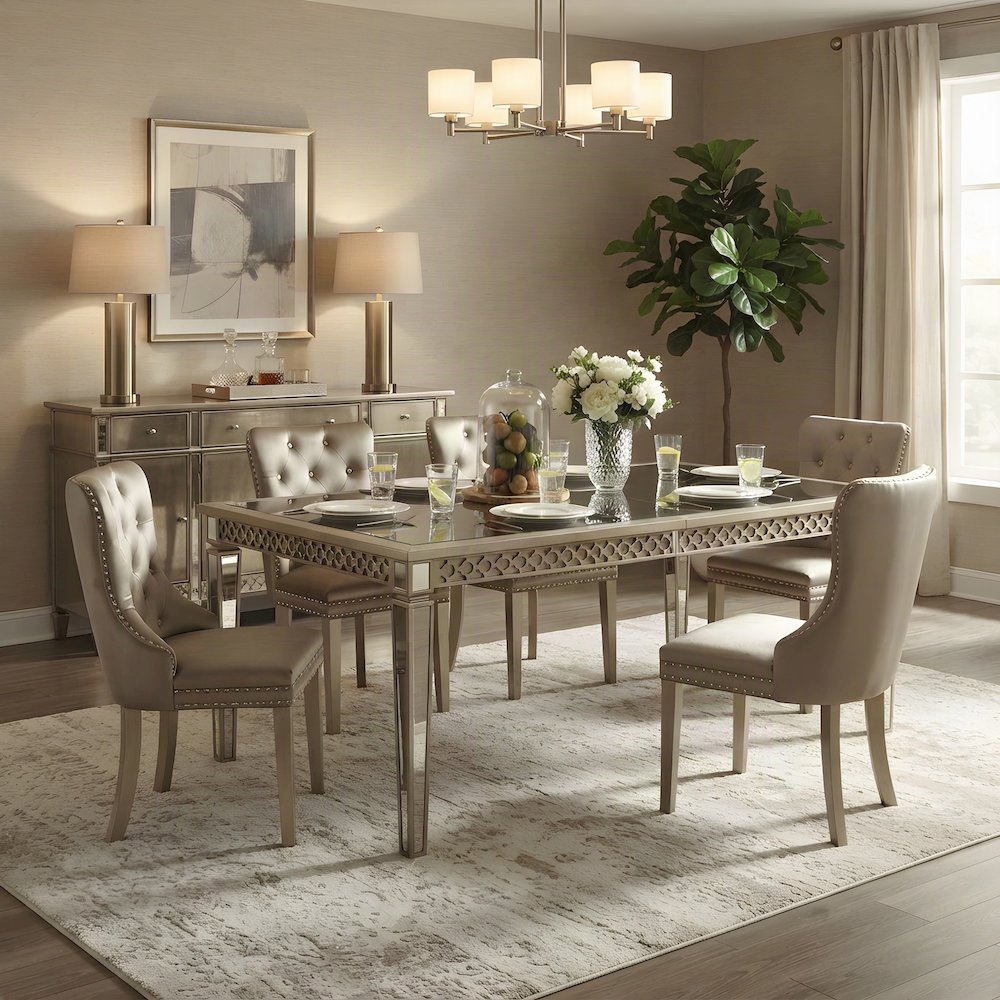Wood Mirror Dining Table with Extension Leaf, Glam Style, Mirrored & Champagne