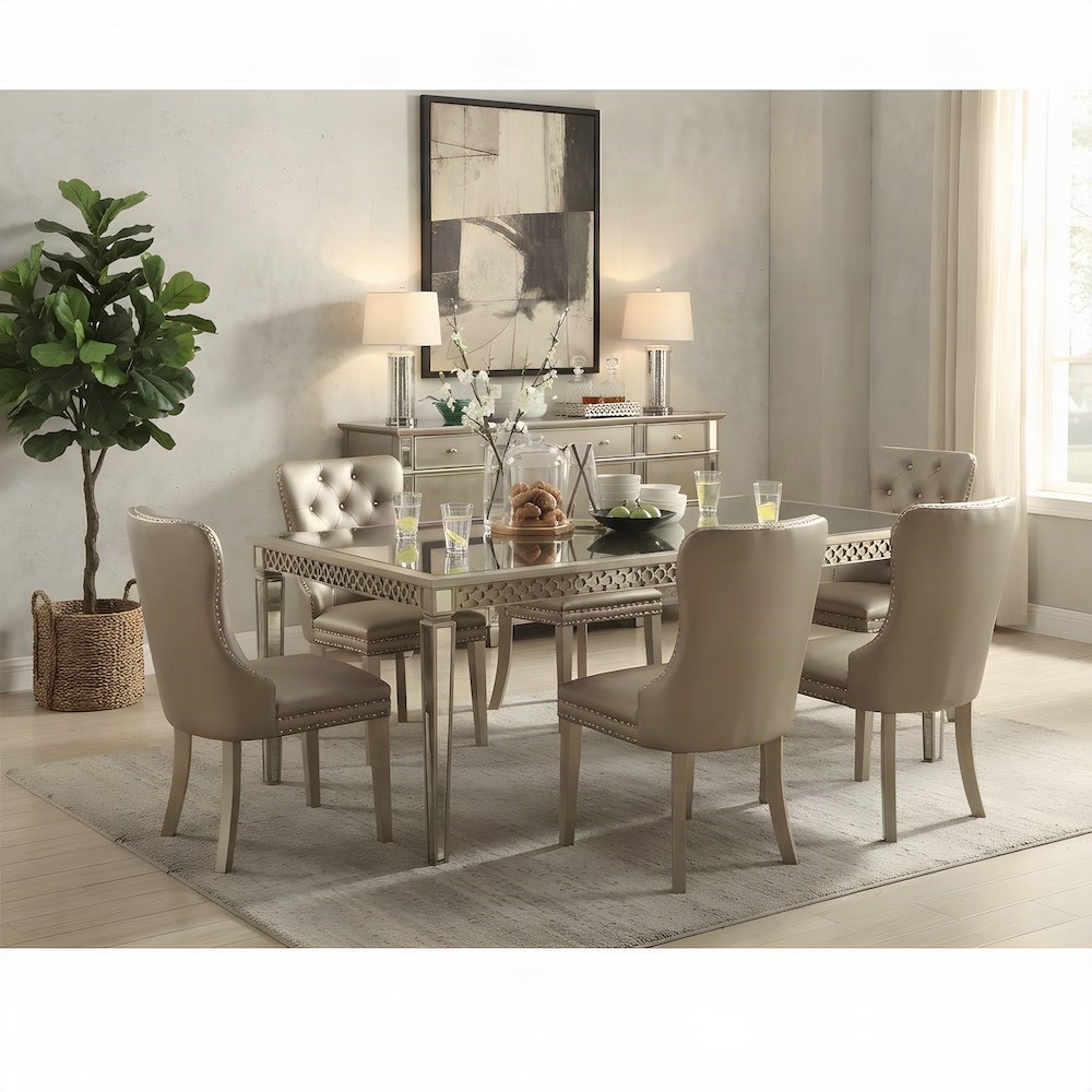 Wood Mirror Dining Table with Extension Leaf, Glam Style, Mirrored & Champagne