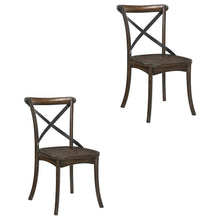 Wood Veneer Armless Dining Chair with Metal X-Back, Dark Oak & Black, Set of 2