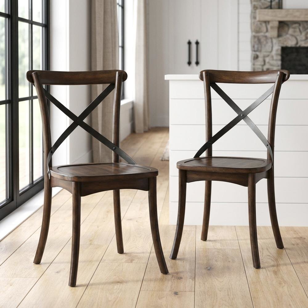 Wood Veneer Armless Dining Chair with Metal X-Back, Dark Oak & Black, Set of 2