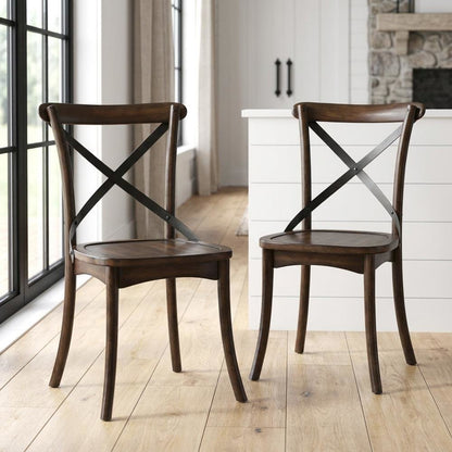 Wood Veneer Armless Dining Chair with Metal X-Back, Dark Oak & Black, Set of 2