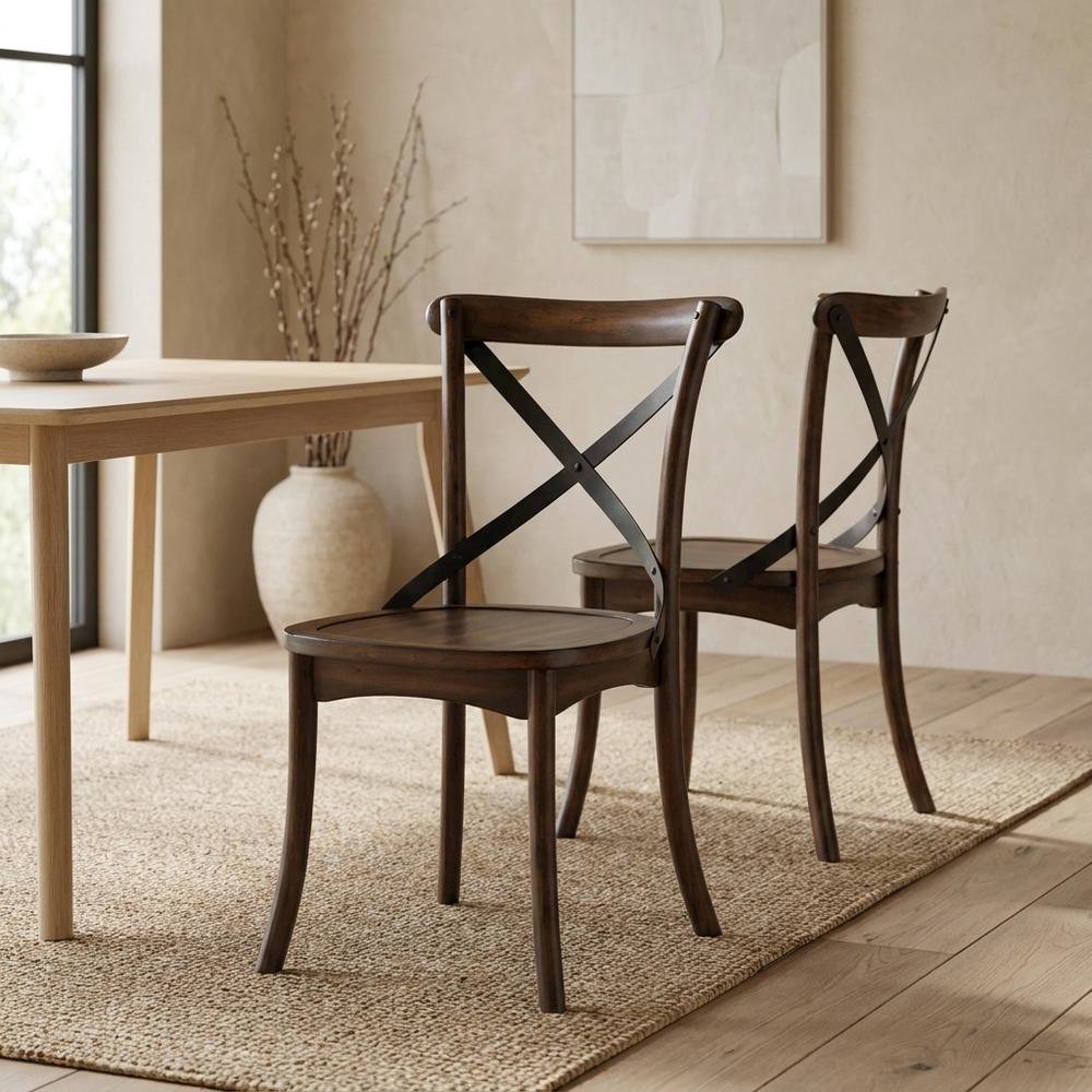Wood Veneer Armless Dining Chair with Metal X-Back, Dark Oak & Black, Set of 2