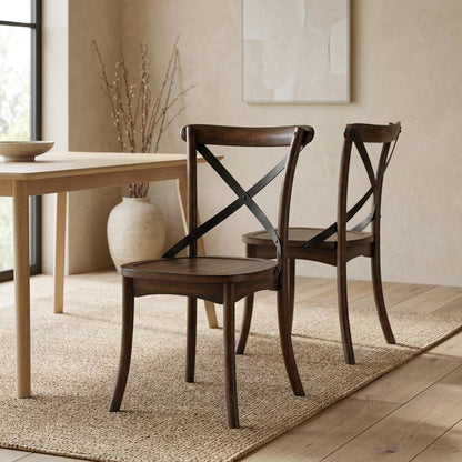Wood Veneer Armless Dining Chair with Metal X-Back, Dark Oak & Black, Set of 2