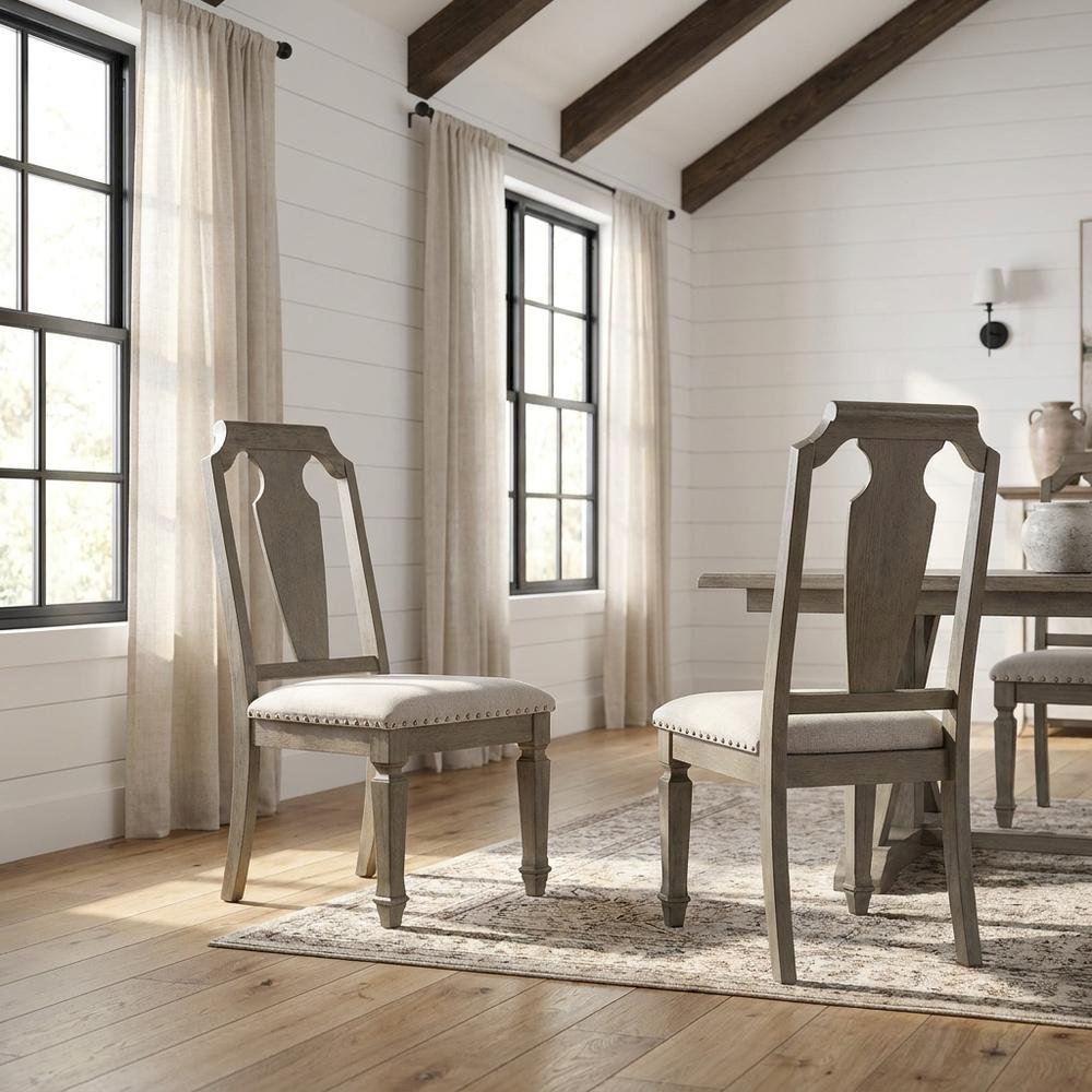 Linen Armless Accent Chair with Rubber Wood Legs, Beige Linen & Weathered Oak, Set of 2