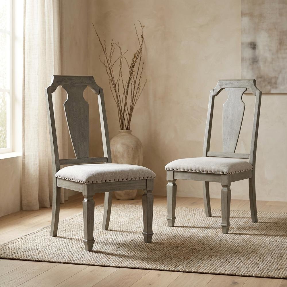 Linen Armless Accent Chair with Rubber Wood Legs, Beige Linen & Weathered Oak, Set of 2