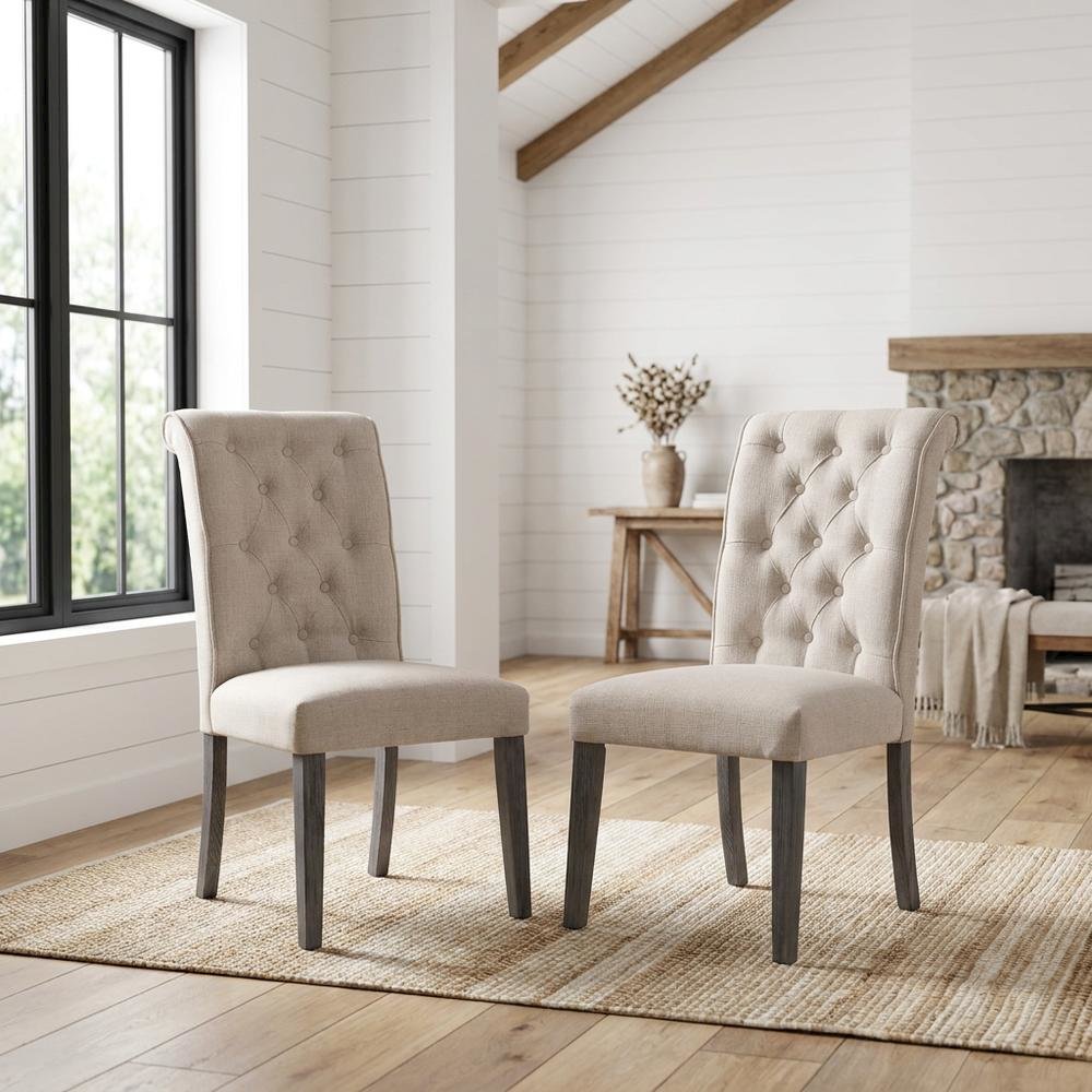 Linen Armless Accent Chair with Hickory Wood Frame, Beige Linen & Gray, Set of 2