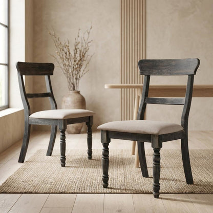 Fabric-Upholstered Wood Dining Chairs, Light Brown Linen & Weathered Gray, Set of 2