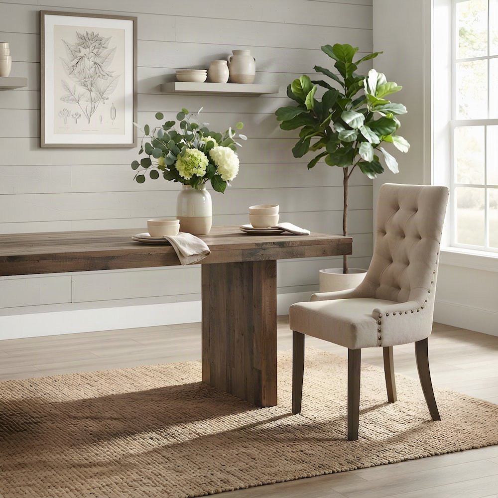 Fabric Accent Side Chairs with Rubber, Beige Fabric & Weathered Oak, Set of 2