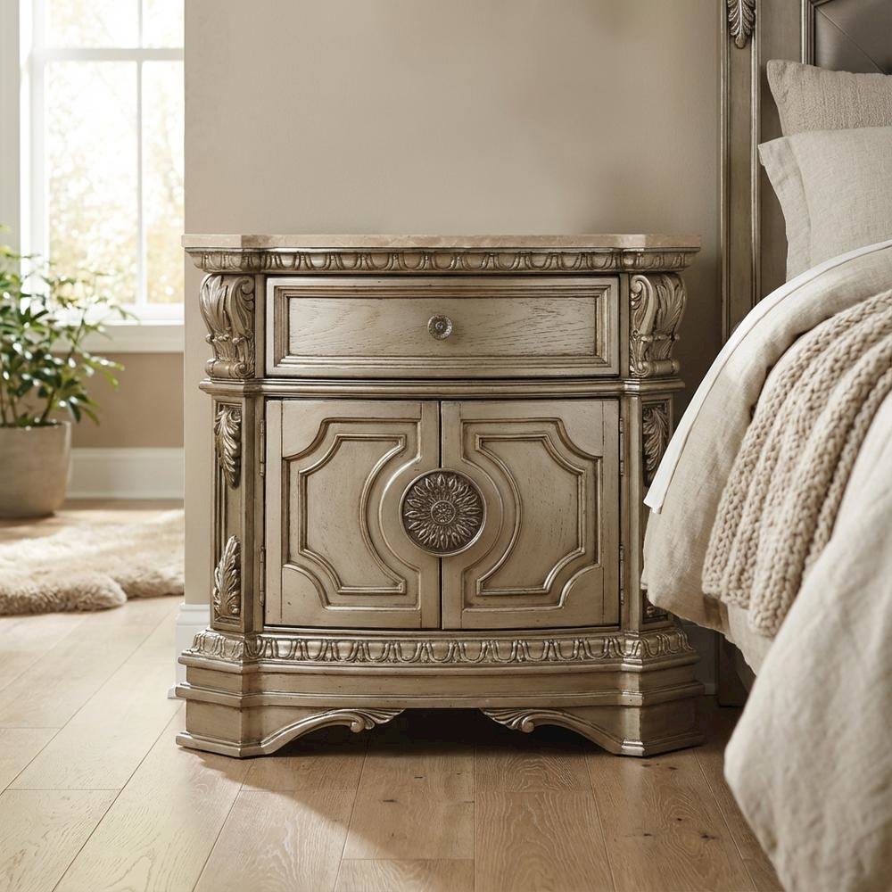 Antique Silver Nightstand with Marble Top for Bedroom Decor