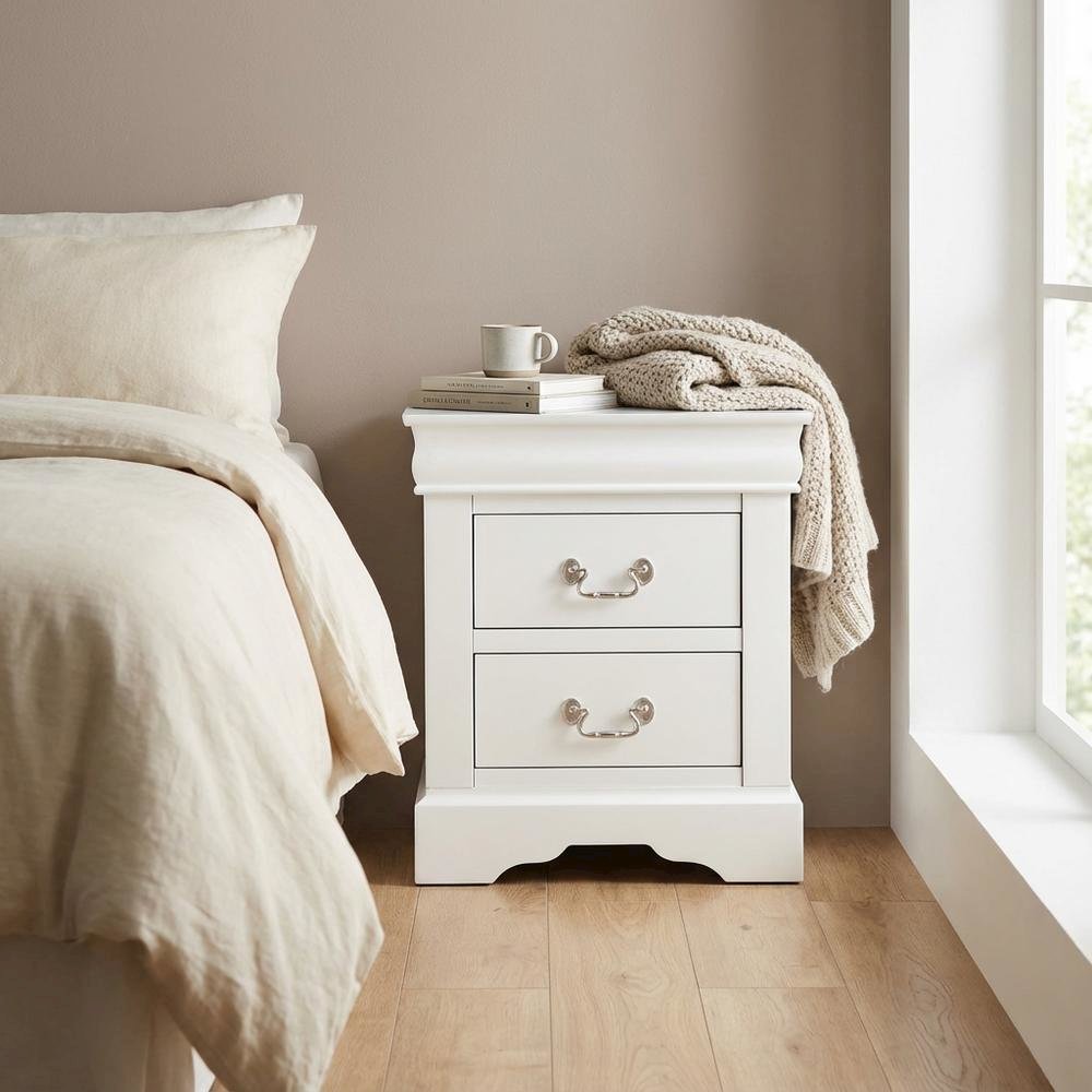 White Bedroom Nightstand with Traditional Design and Brushed Nickel Accents