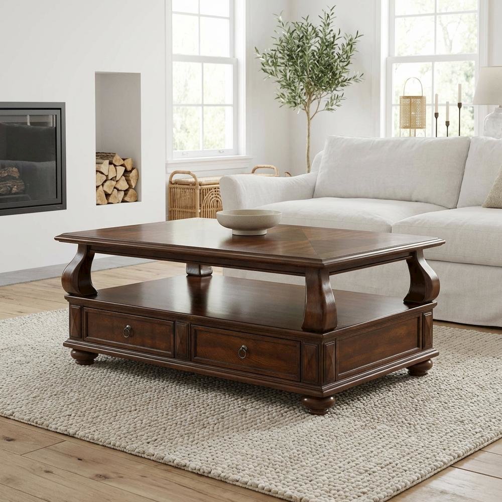 Walnut Wood Veneer Coffee Table with Rectangular Top and Transitional Design