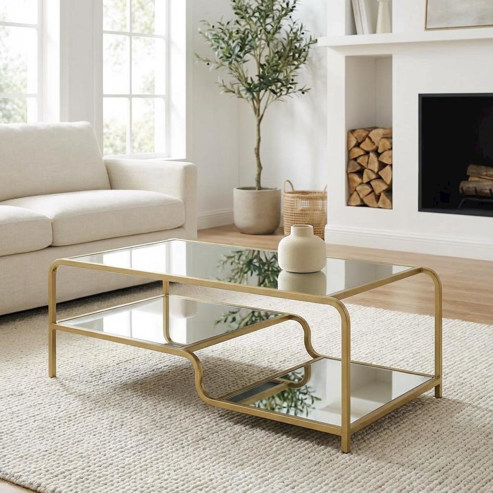 Gold and Mirror Coffee Table with Metal Frame and Composite Wood Surface