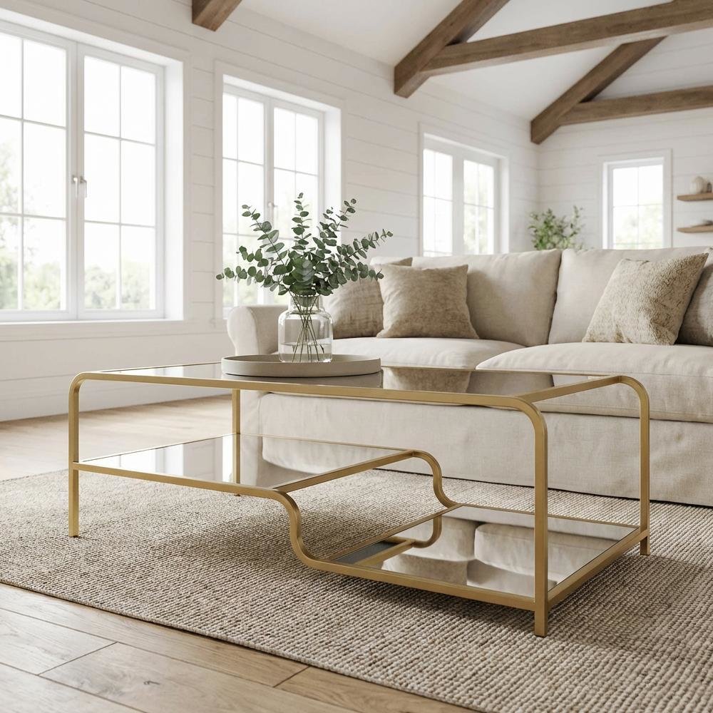 Gold and Mirror Coffee Table with Metal Frame and Composite Wood Surface