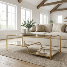 Gold and Mirror Coffee Table with Metal Frame and Composite Wood Surface