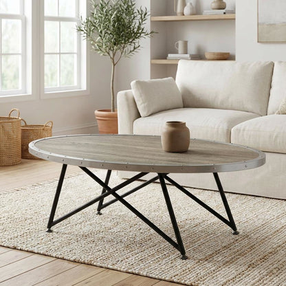 Weathered Gray Oak Coffee Table with Metal Frame and Wood Veneer Top