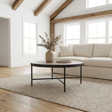 Weathered Gray Oak Metal Coffee Table with Industrial Style and Wood Veneer