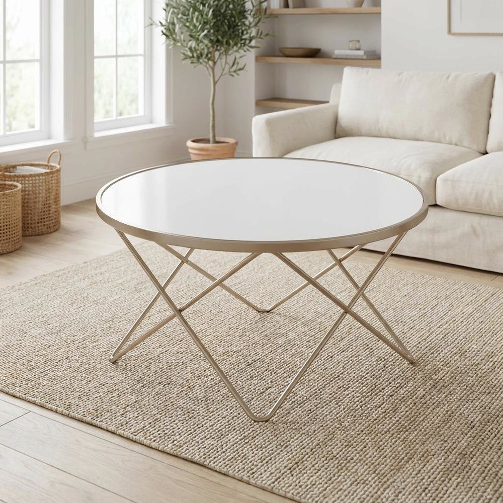 Champagne Coffee Table with Frosted Glass Top and Metal Frame Design