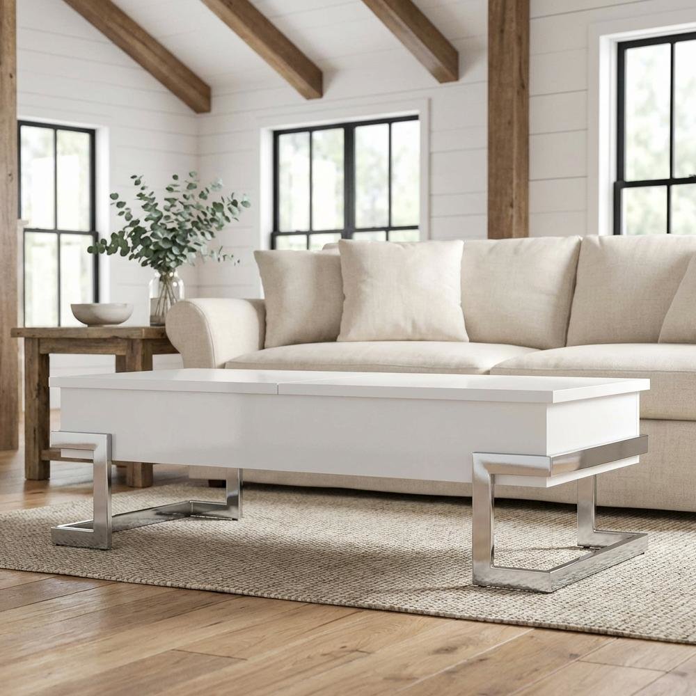 White High Gloss Coffee Table with Chrome Lift Top and Metal Wood Design