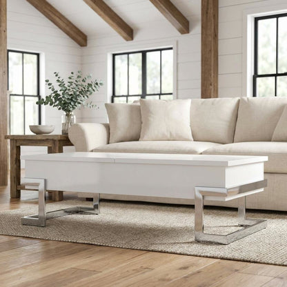 White High Gloss Coffee Table with Chrome Lift Top and Metal Wood Design