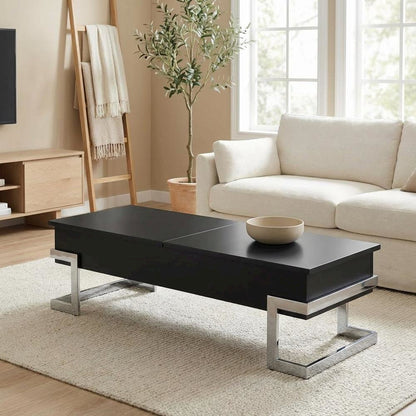 Black and Chrome Coffee Table with Lift Top Metal Wood Veneer Composite Wood