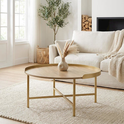 Oak Table Top Coffee Table with Gold Finish and Wood Metal Frame