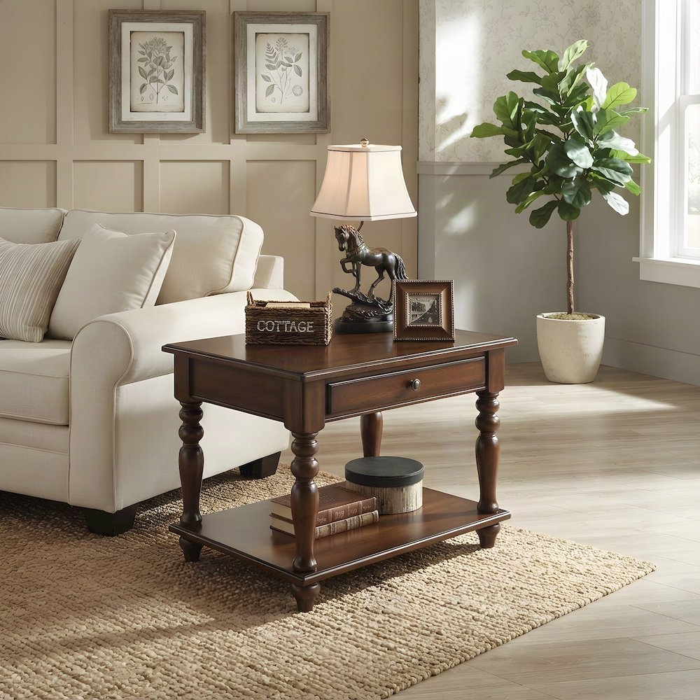 Veneer-Finish Composite Wood End Table, Small Side and Accent Table, Walnut