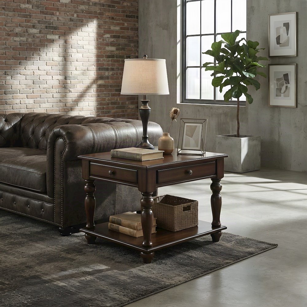 Veneer-Finish Composite Wood End Table, Small Side and Accent Table, Walnut
