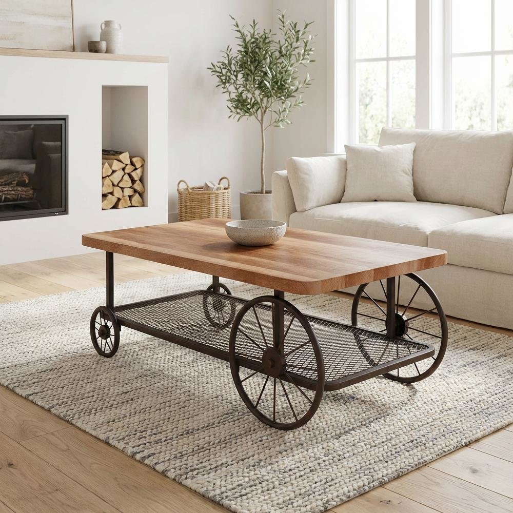 Oak & Antique Gray Coffee Table with Metal Frame and Wood Veneer Surface