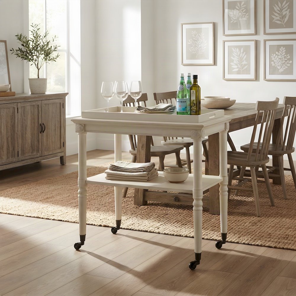 Wood Rolling Bar Cart with Metal Casters, Wheeled Storage Trolley, Antique White