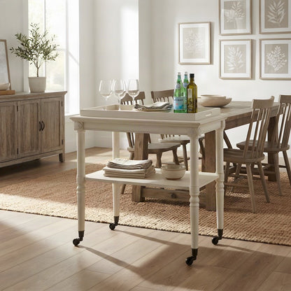 Wood Rolling Bar Cart with Metal Casters, Wheeled Storage Trolley, Antique White